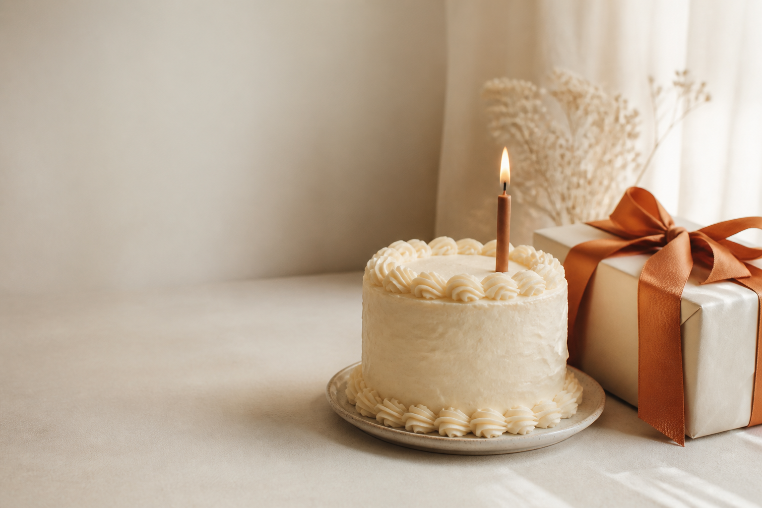 A small birthday cake with one lit candle beside a wrapped gift box with terracotta ribbon